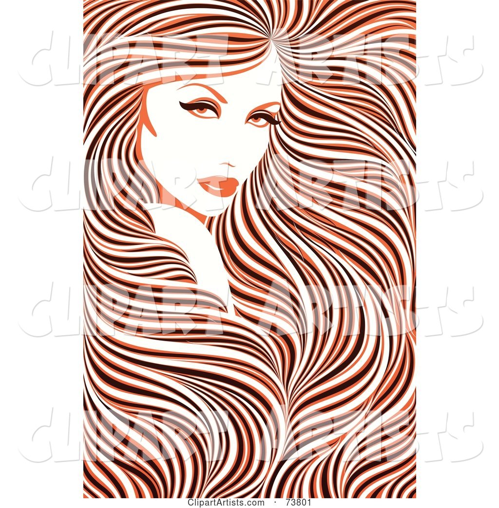 Stunning Woman with Long Hair Flowing Around Her Face - Orange, Black and White Coloring