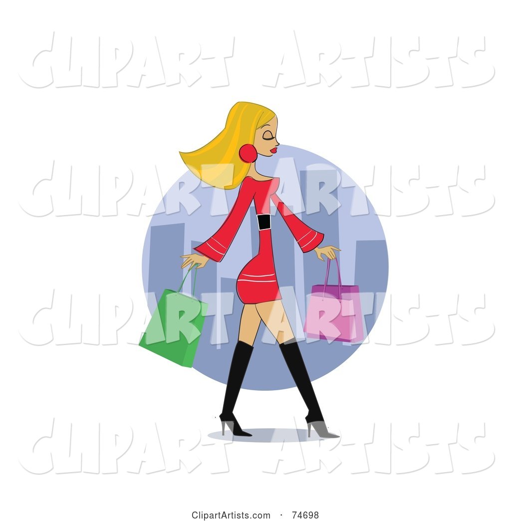 Stylish Blond Woman in Boots and a Red Dress, Carrying Shopping Bags in a City