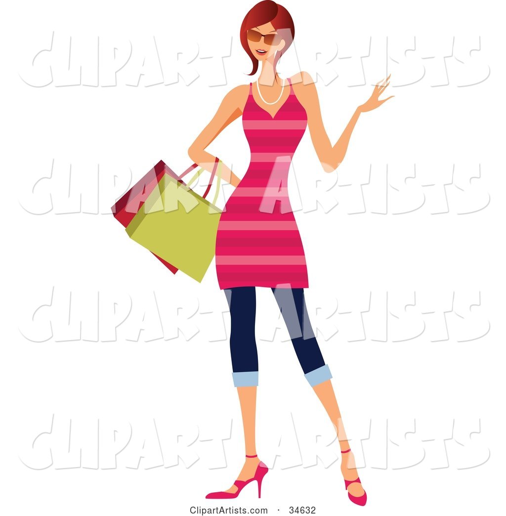 Stylish Caucasian Red Haired Woman in a Pink Striped Dress, Carrying Shopping Bags