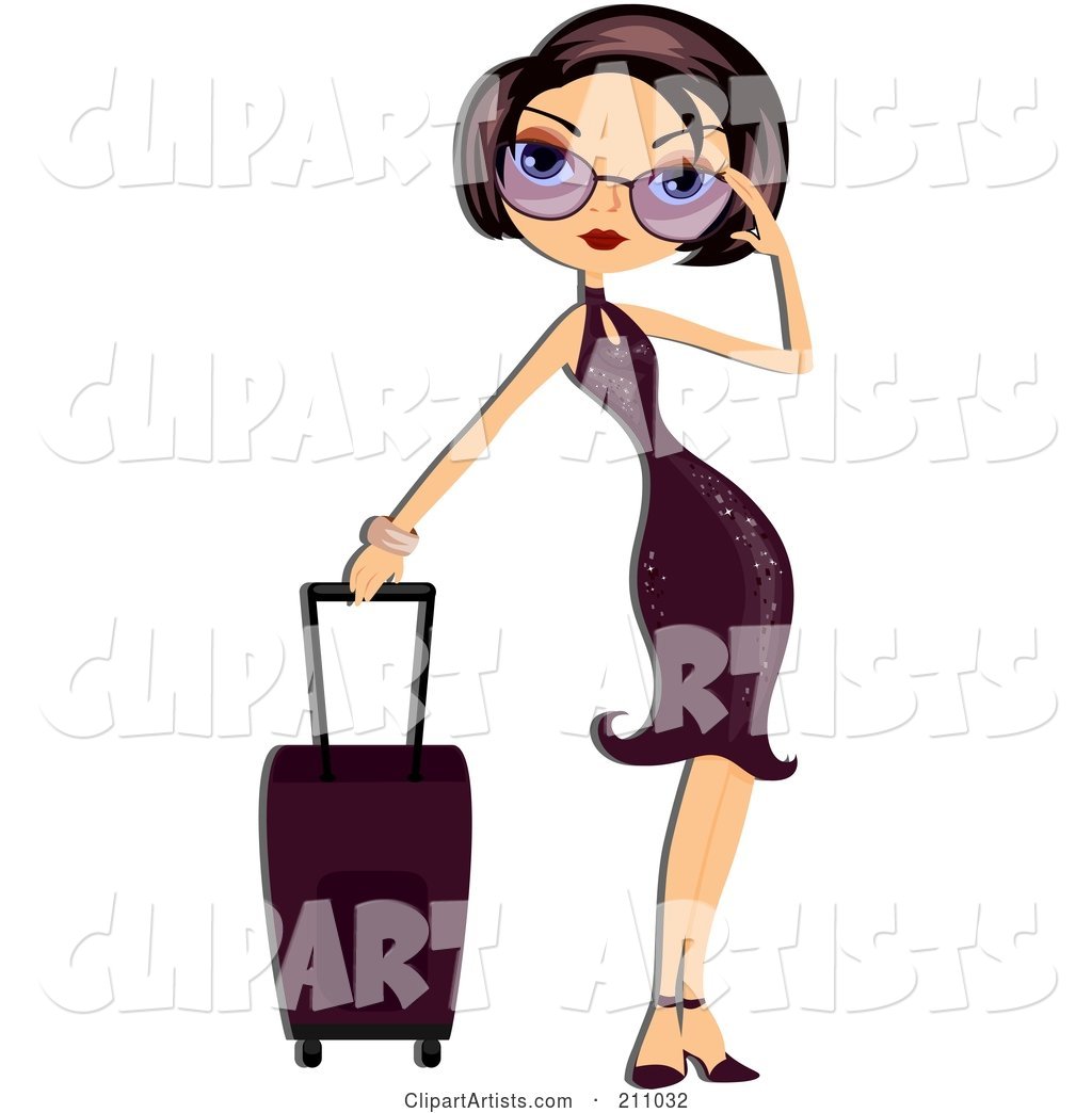 Stylish Woman Adjusting Her Shades and Standing by Her Rolling Suitcase