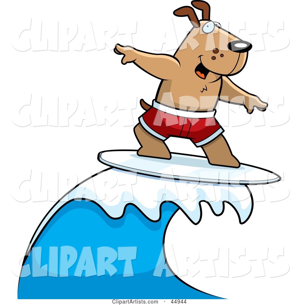 Surfing Brown Doggy Character Riding a Blue Wave
