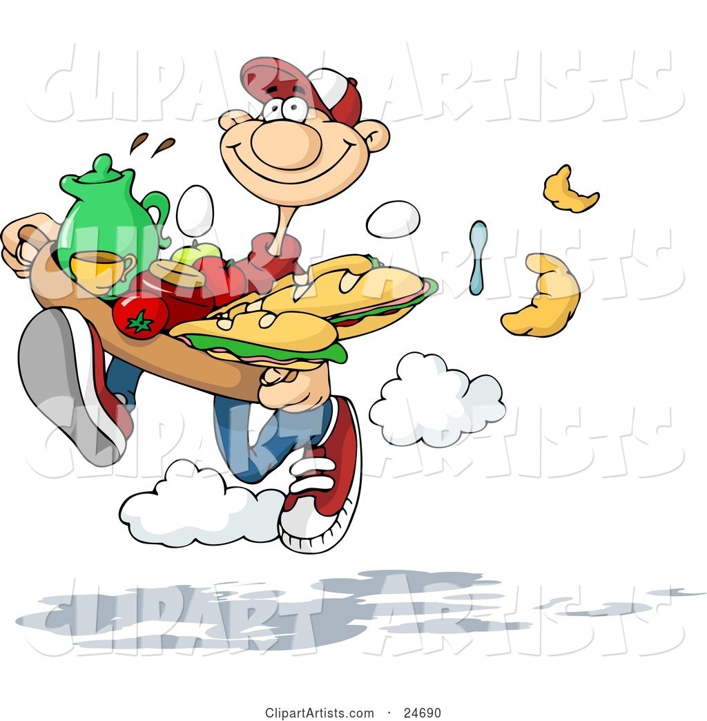 Sweet Caucasian Man Running and Dropping Silverware, Croissants and Eggs While Rushing to Deliver a Tray of Sandwiches, Fruit and Drinks to His Girlfriend in Bed
