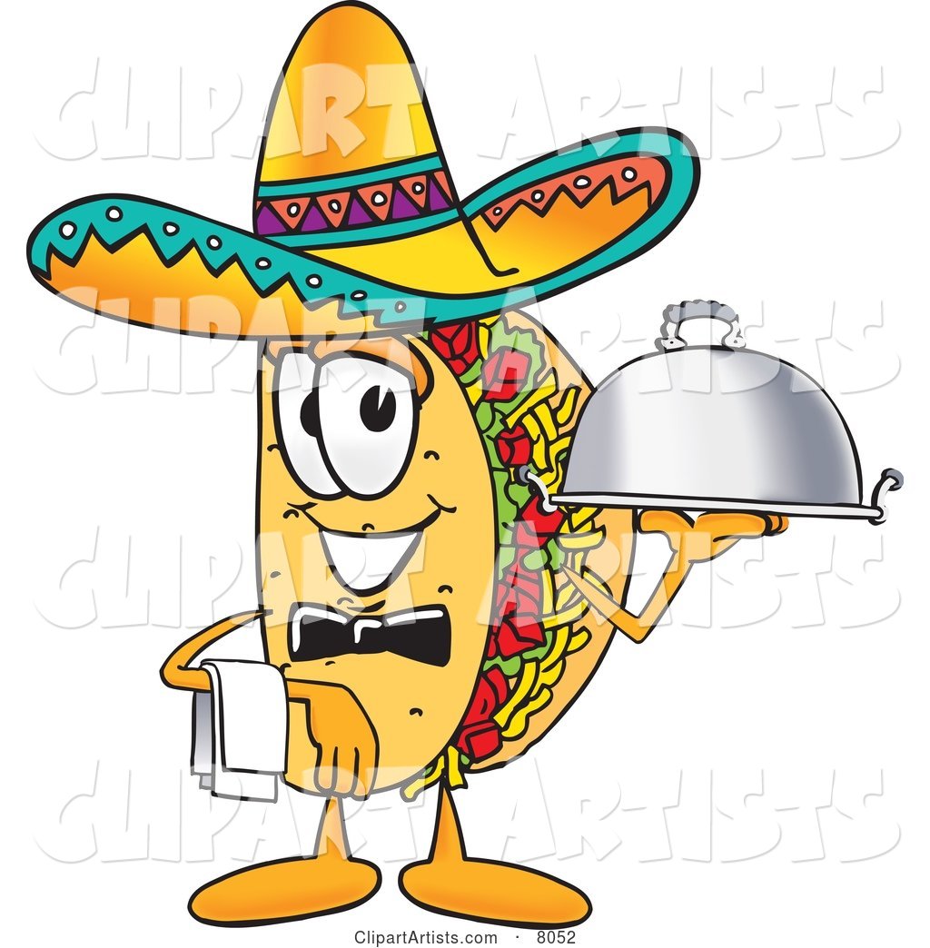 Taco Mascot Cartoon Character Dressed As a Waiter and Holding a Serving Platter