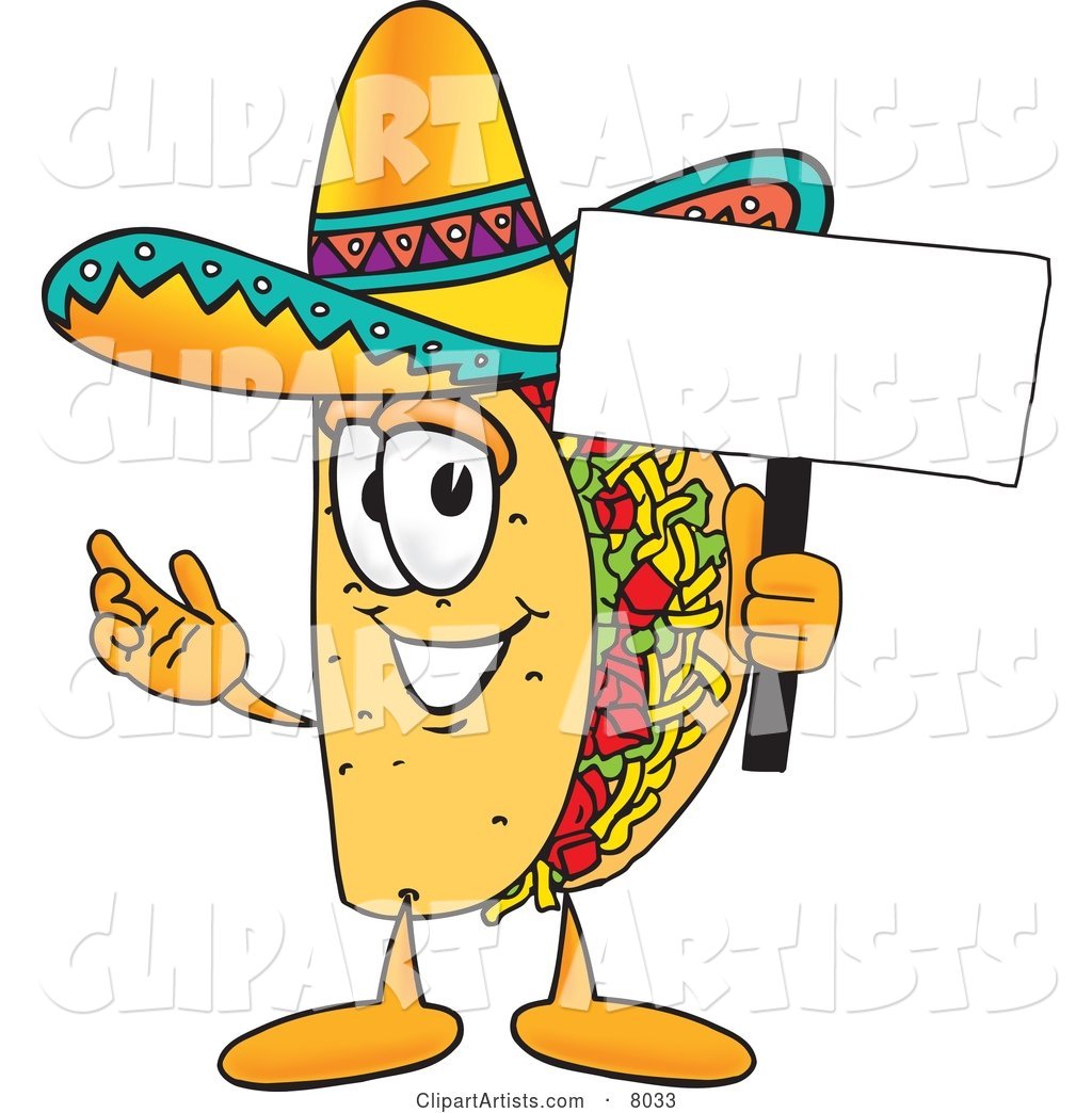 Taco Mascot Cartoon Character Holding a Blank Sign