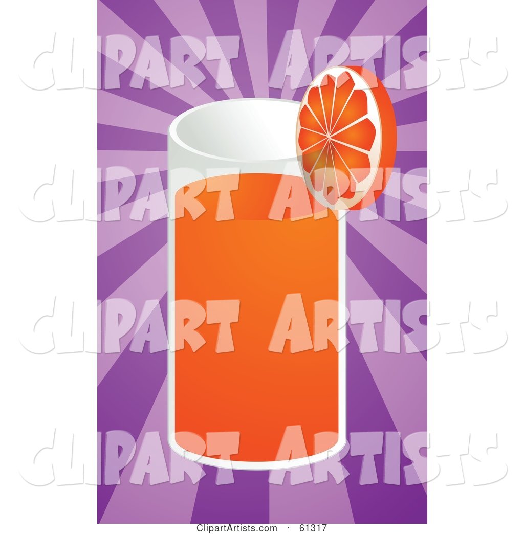 Tall Glass of Orange Juice Garnished with a Slice on a Purple Bursting Background
