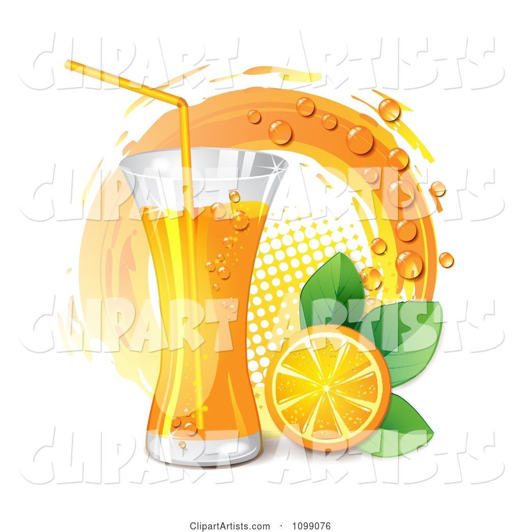 Tall Glass of Orange Juice with a Slice Leaves and Circle