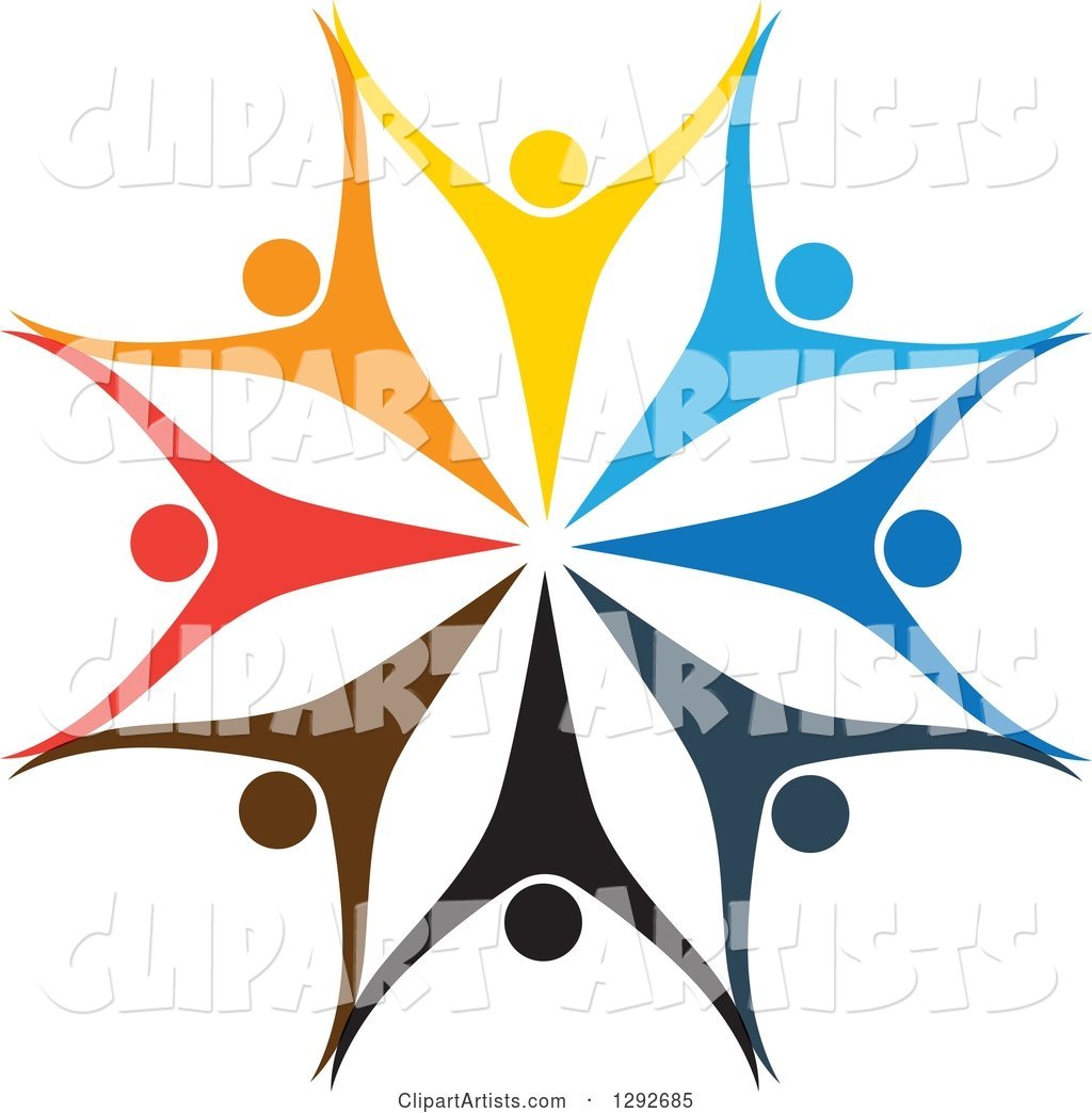 Team Circle of Colorful Cheering People Holding Hands and Forming a Flower or Snowflake