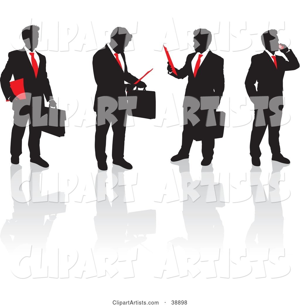 Team of Black Silhouetted Business Men in Suits with Red Ties, Talking on Phones, Holding Papers and Briefcases