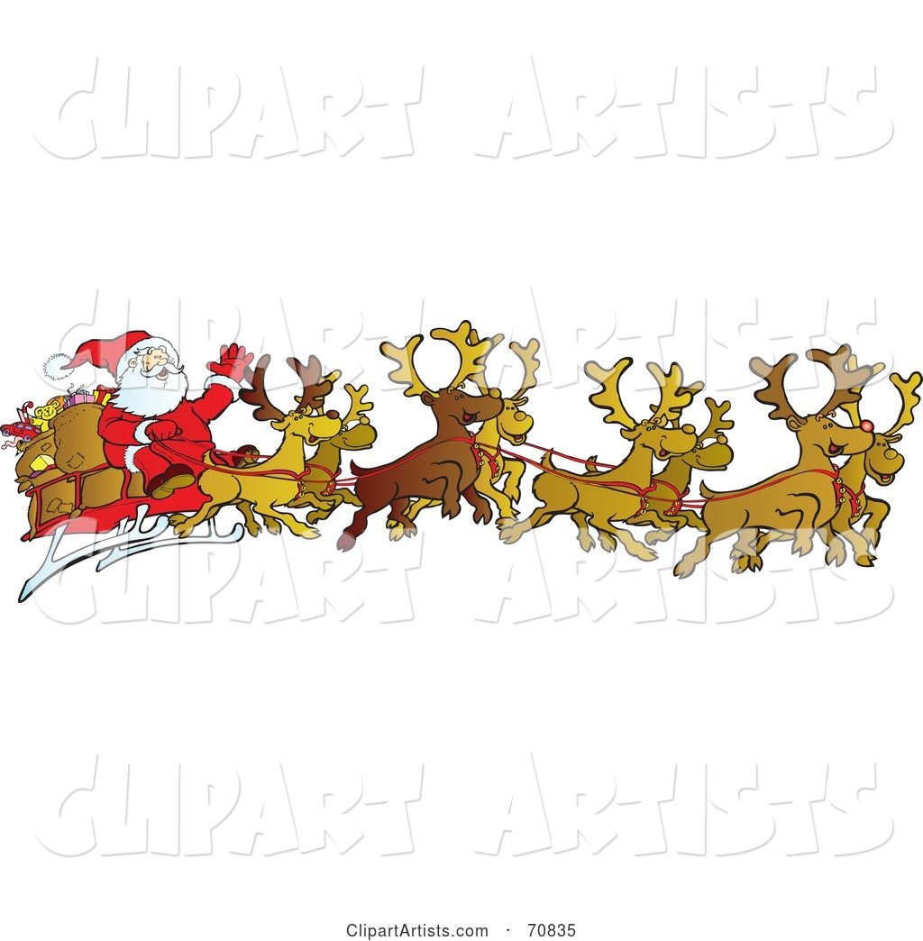 Team of Eight Reindeer Flying Santa in His Sleigh