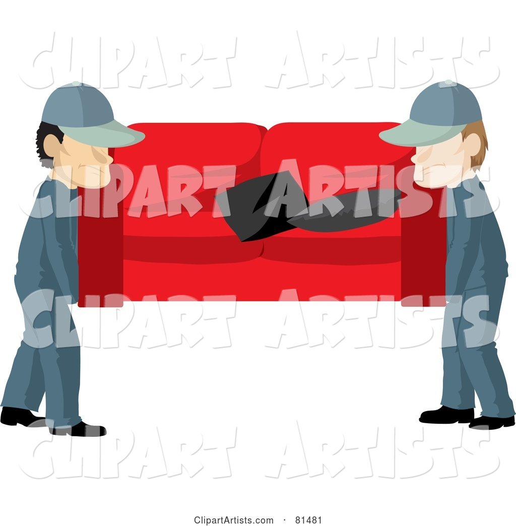Team of Two Male Movers Carrying a Red Couch