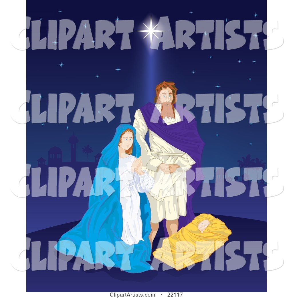 The Birth of Jesus, with Joseph and Virgin Mary Standing Above the Baby on a Starry Night Sky