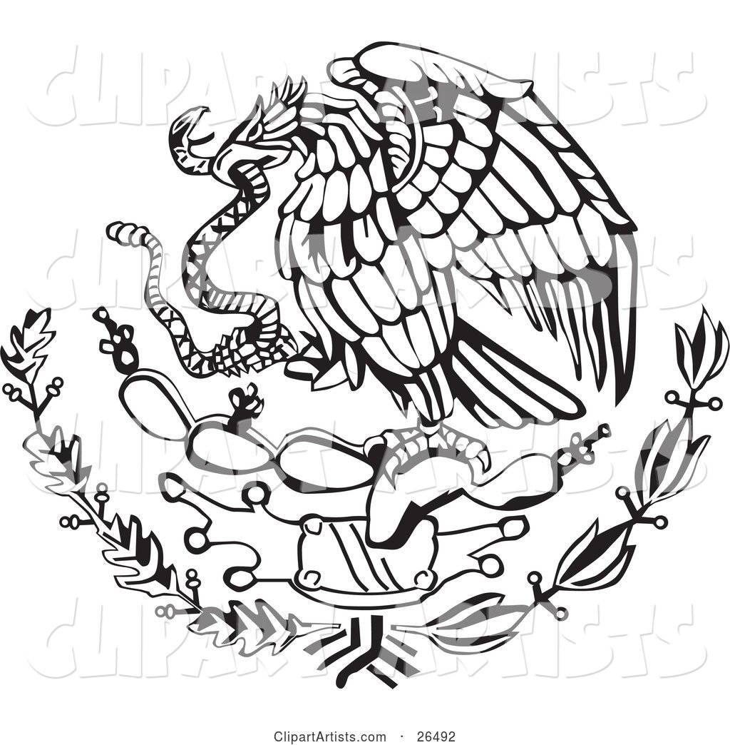 The Mexican Coat of Arms Showing the Eagle Perched on a Cactus, Eating a Snake in Black and White