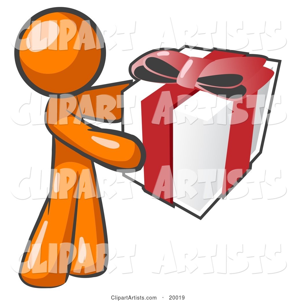 Thoughtful Orange Man Holding a Christmas, Birthday, Valentine's Day or Anniversary Gift Wrapped in White Paper with Red Ribbon and a Bow