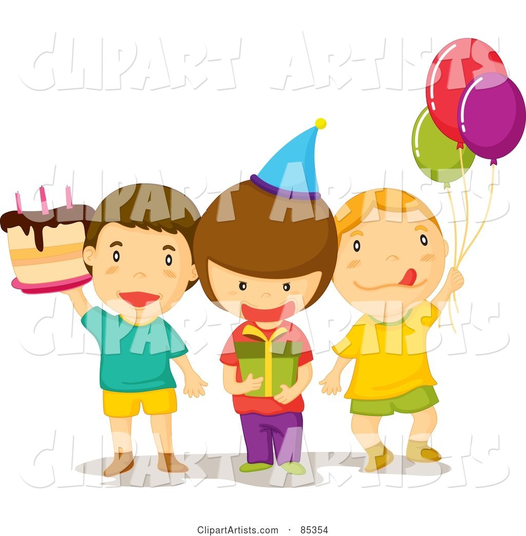 Three Birthday Party Guest Boys with a Cake, Present and Balloons
