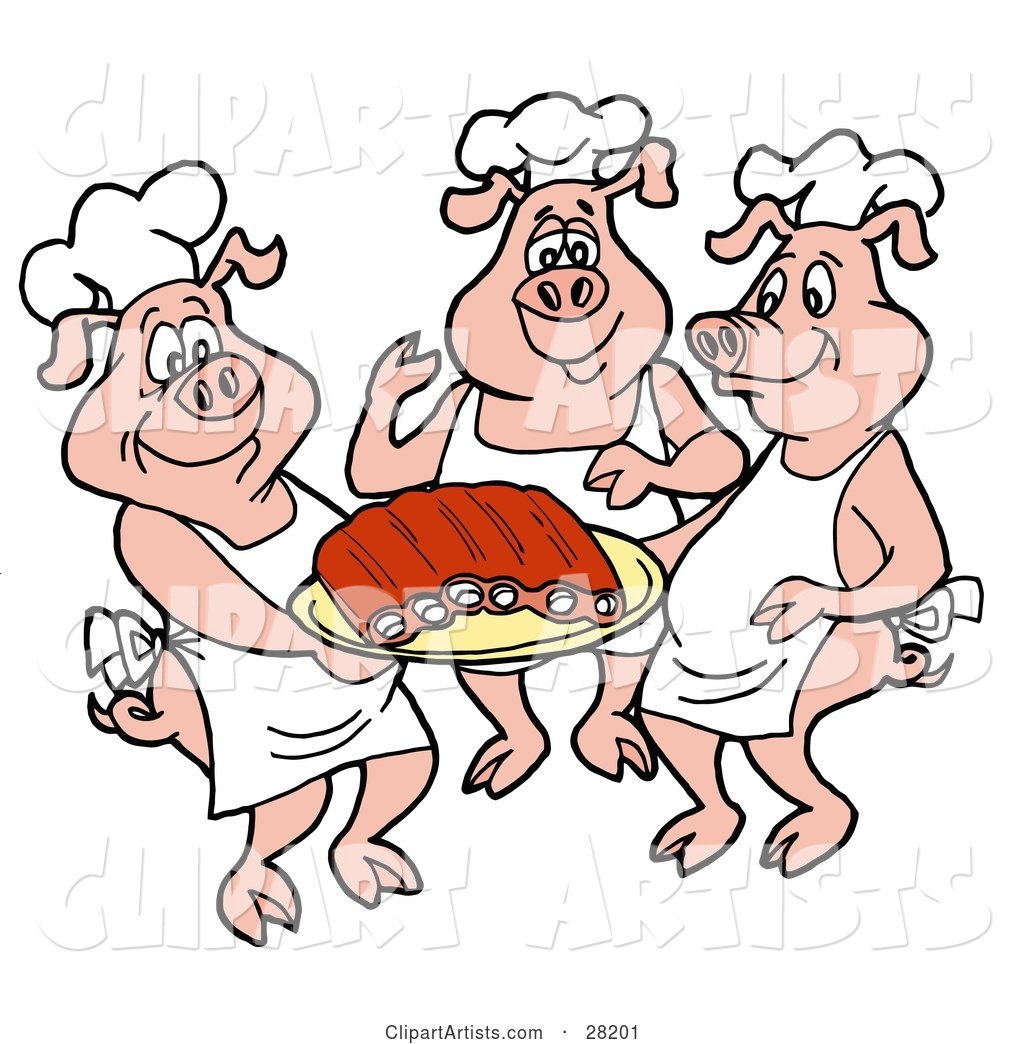 Three Chef Pigs in Hats and Aprons, Carrying a Platter of Pork Ribs