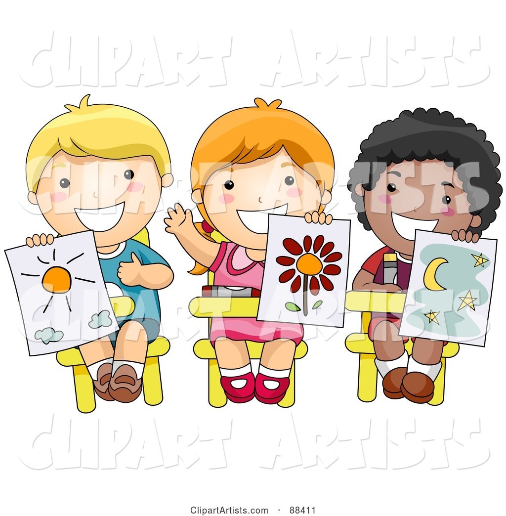 Three Diverse School Children Holding up Their Drawings in Art Class