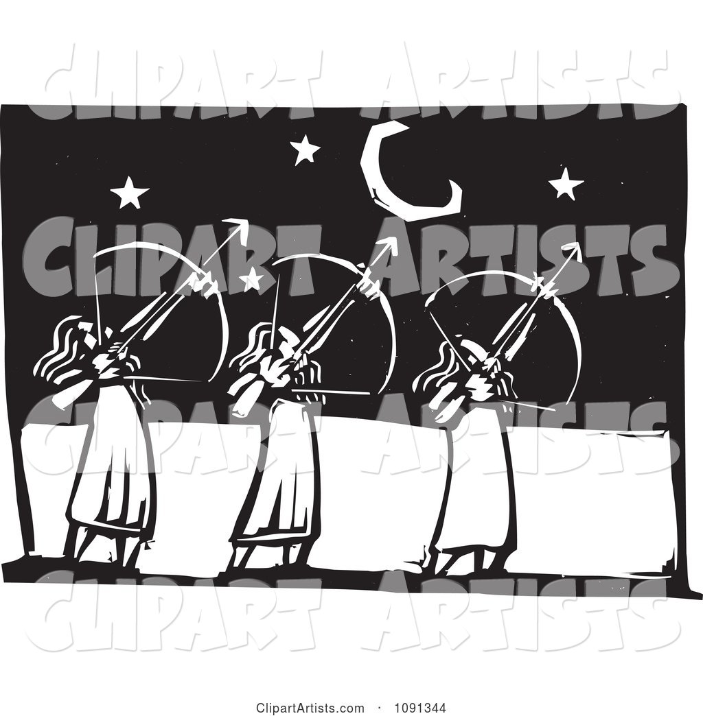 Three Female Archers Aiming at the Stars Black and White Woodcut