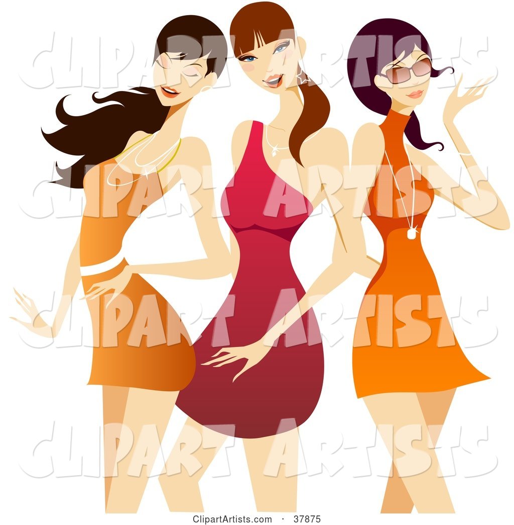 Three Flirty Pretty Ladies in Red and Orange Dresses