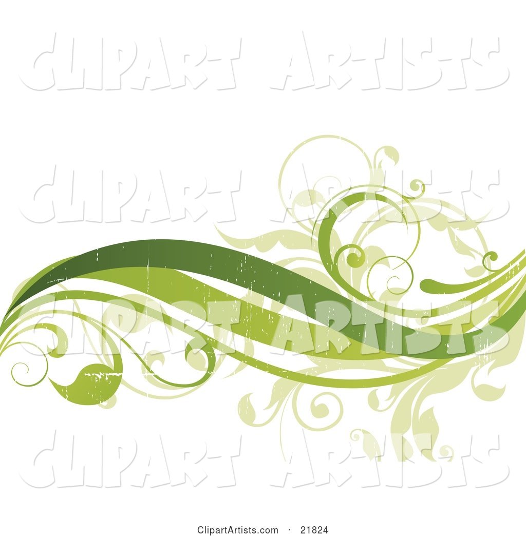 Three Green Waves and Leafy Vines with Fading Texturing on a White Background