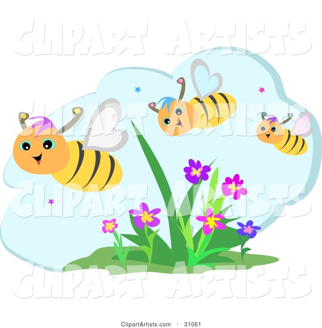 Three Happy Honey Bees Flying over Flowers on a Beautiful Day