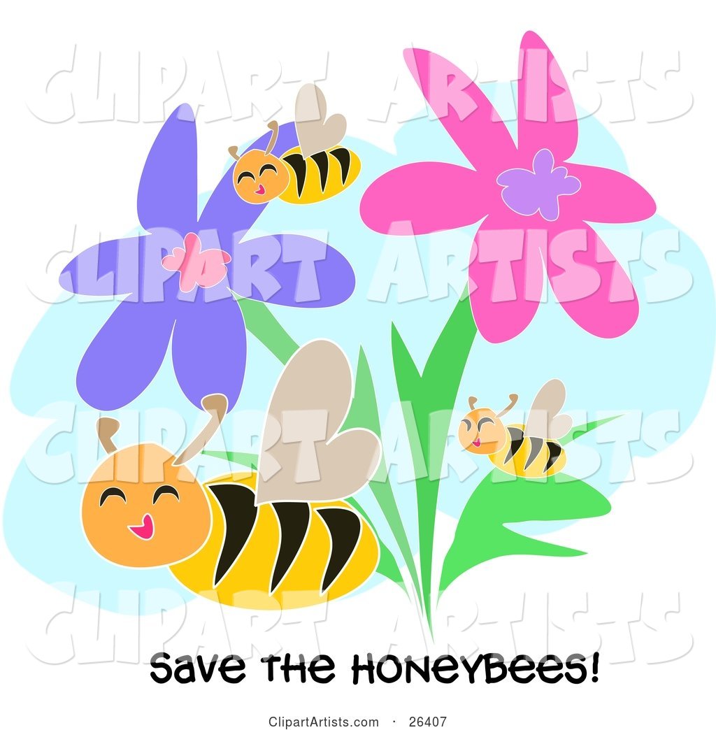 Three Happy Honey Bees Flying Through Pink and Purple Flowers with "Save the Honeybees!" Text
