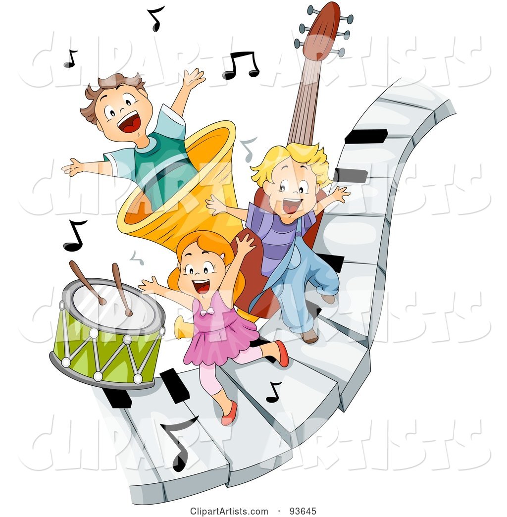 Three Happy Kids on Piano Keys with Music Notes and Instruments