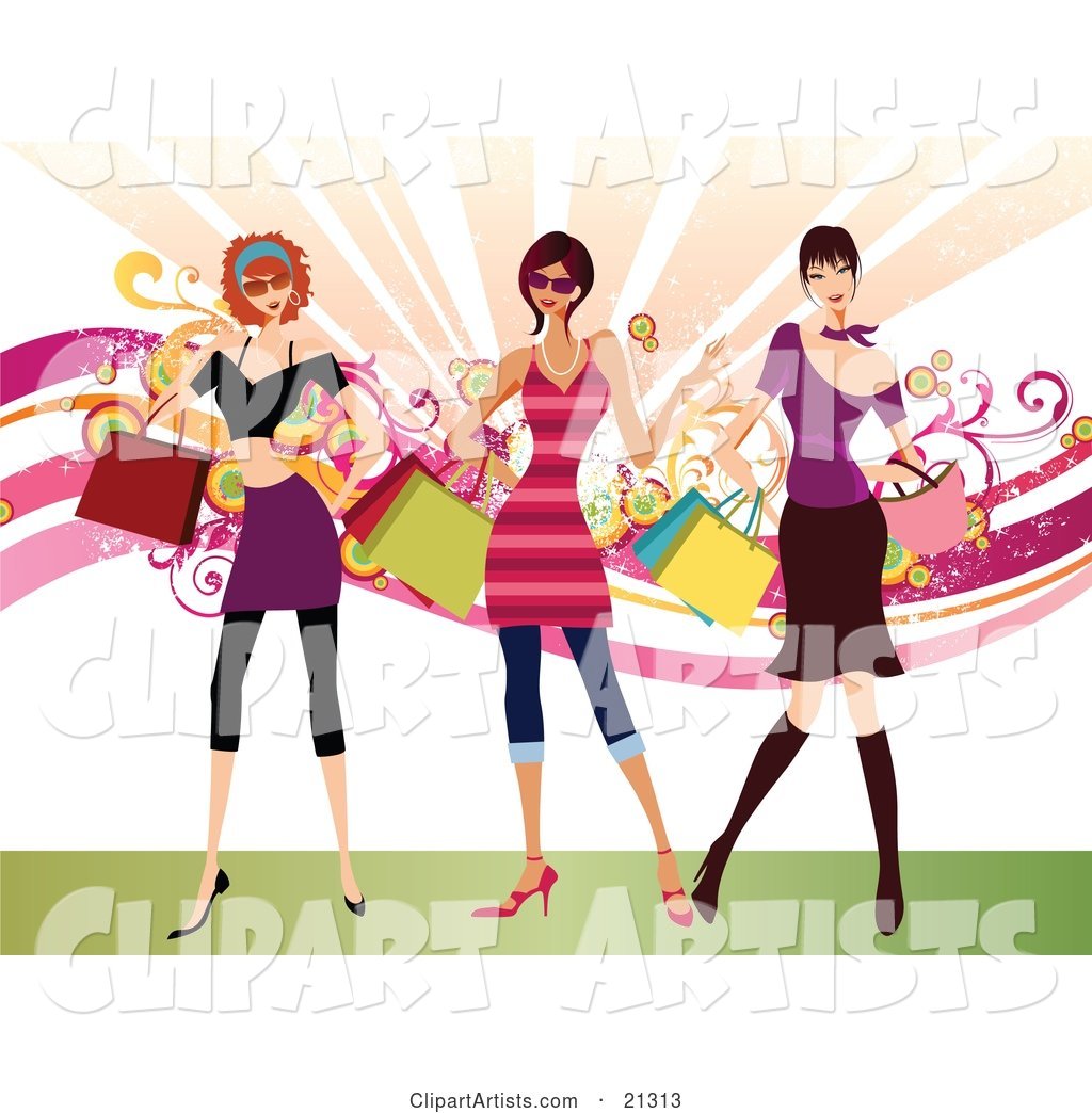 Three Rich Caucasian Women Dressed in Stylish Clothing, Carrying Shopping Bags and Purses and Shopping