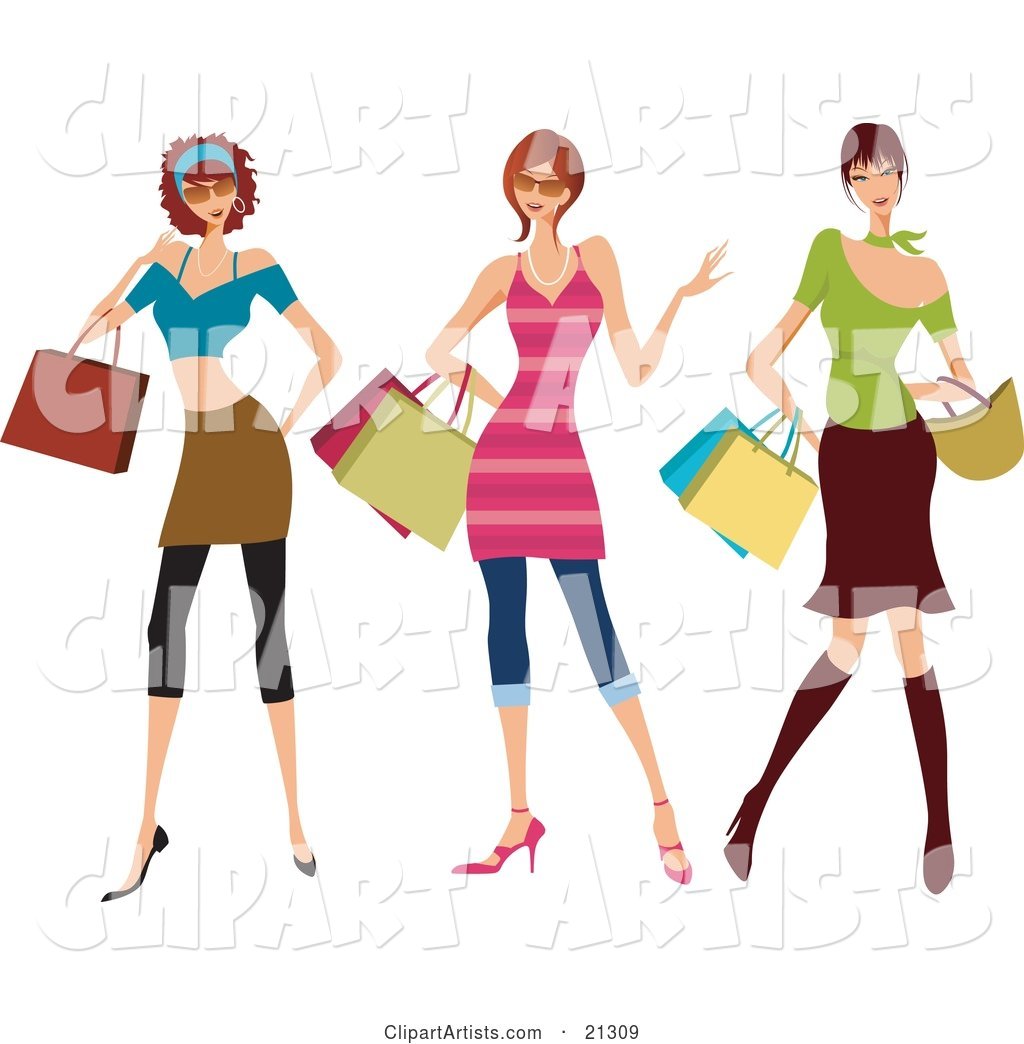 Three Young Sassy Caucasian Women Wearing Fashionable Clothes, Carrying Shopping Bags and Purses and Shopping at the Mall