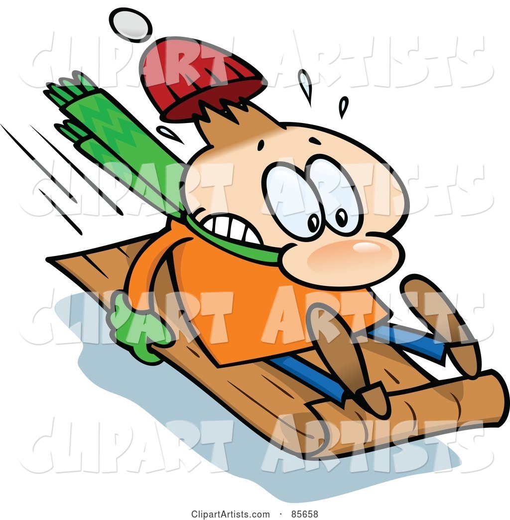 Toon Guy Holding on Tight to a Toboggan While Sledding Downhill