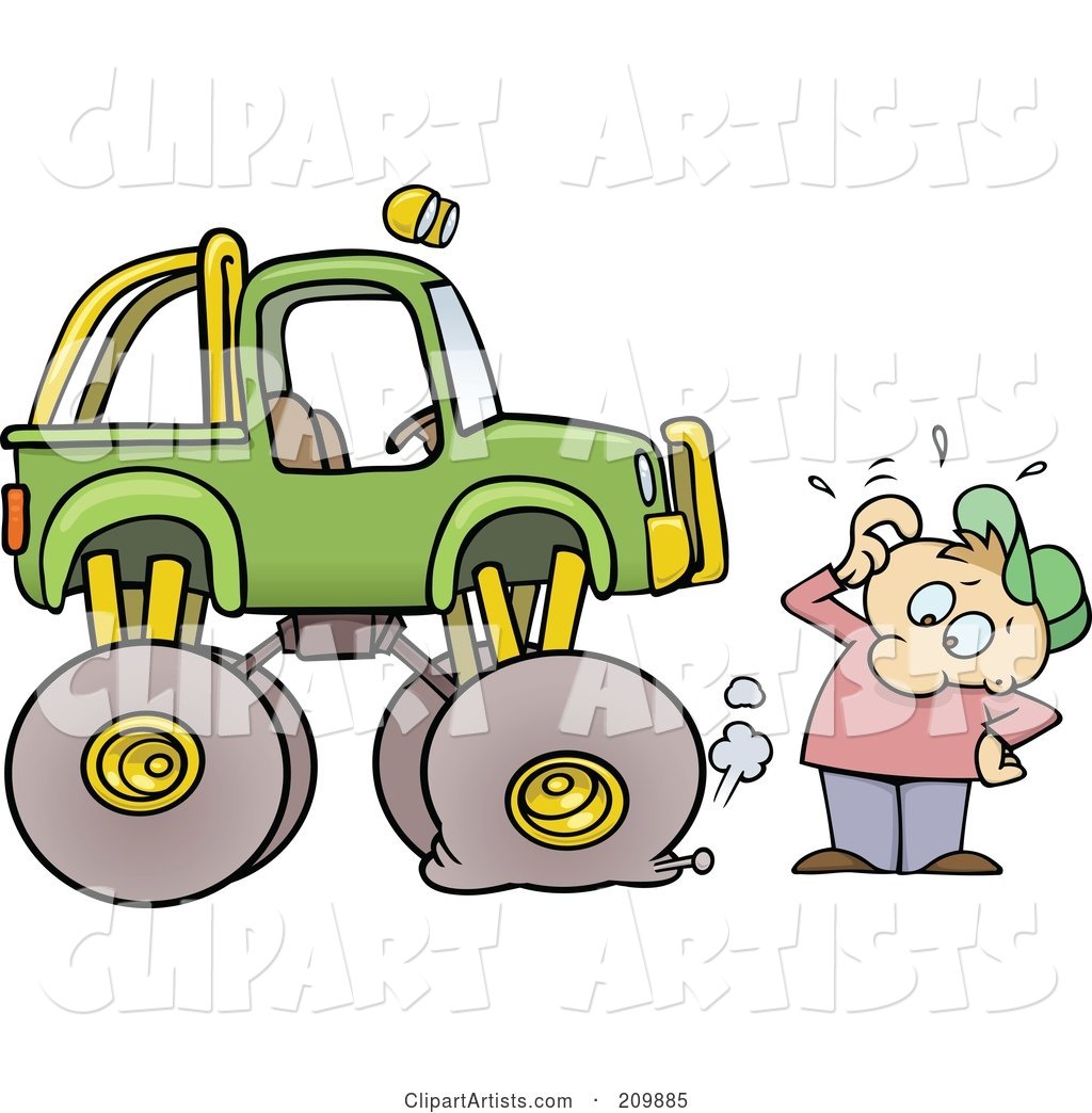 Toon Guy with a Nail in His Monster Truck's Tire