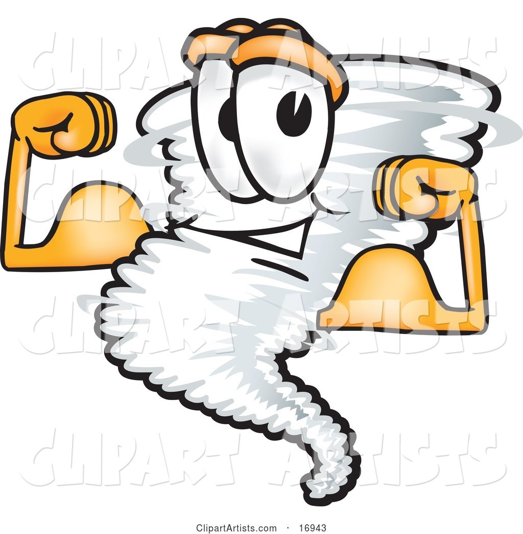 Tornado Mascot Cartoon Character Flexing His Arm Muscles