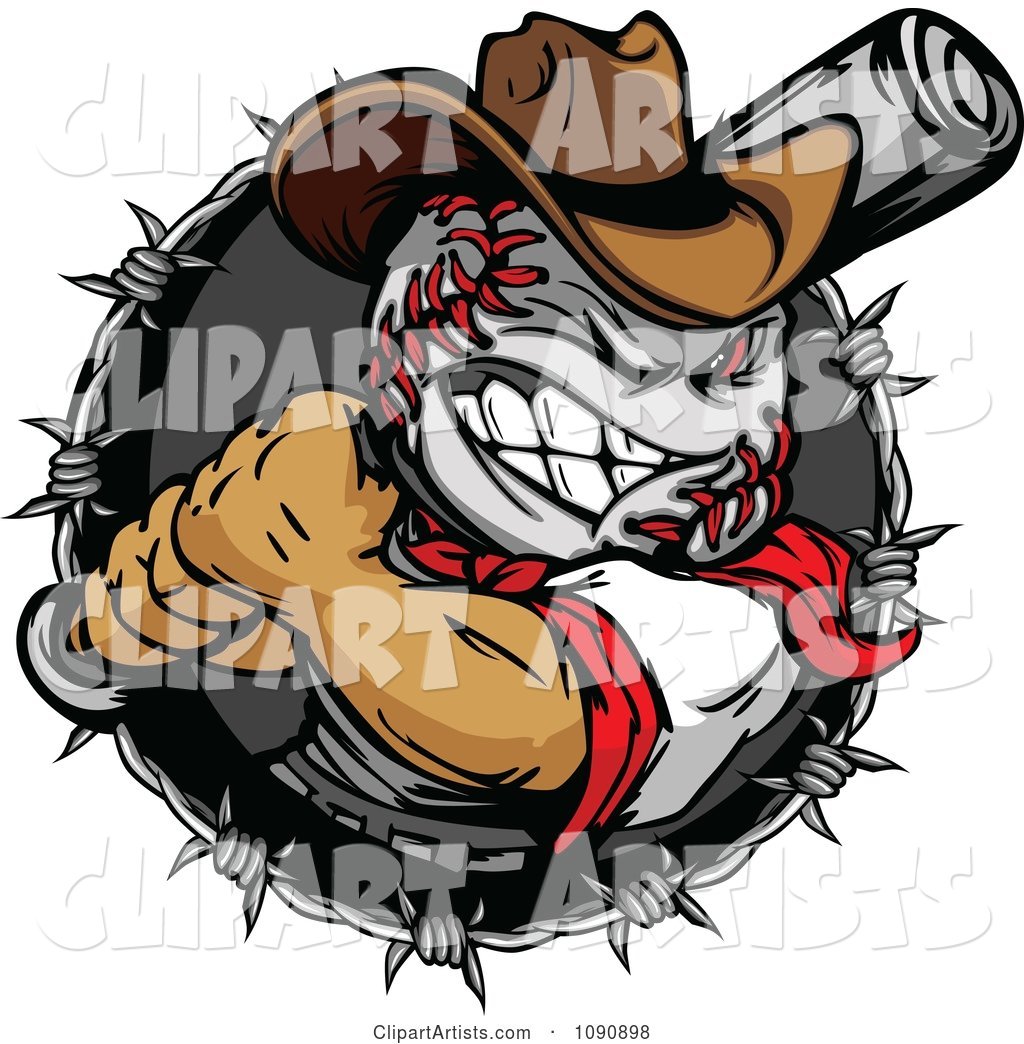 Tough Baseball Head Cowboy with a Bat in a Barbed Wire Circle
