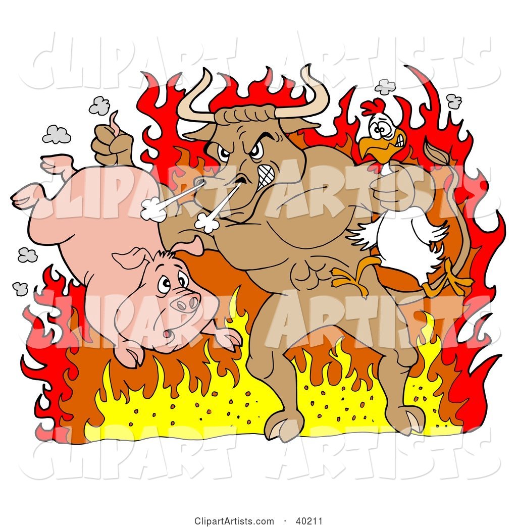 Tough Bull Holding a Chicken and Pig and Standing in Hot Flames
