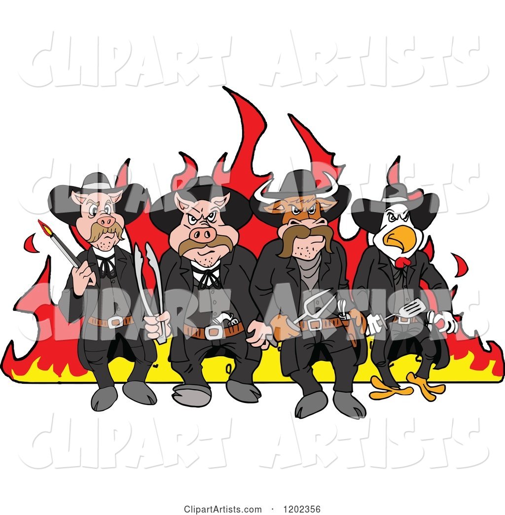 Tough Cow Rooster and Pig Lawmen Walking in Front of Flames with Bbq Tools