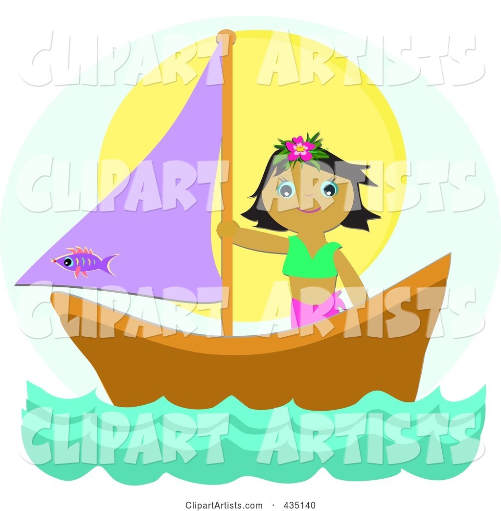 Tropical Girl on a Sail Boat over Blue