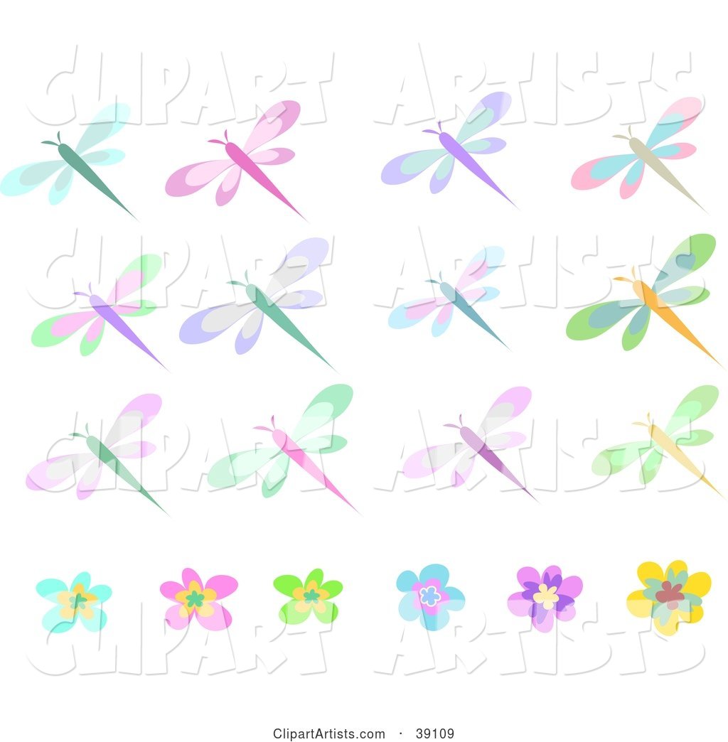 Twelve Colorful Dragonflies and Six Flowers