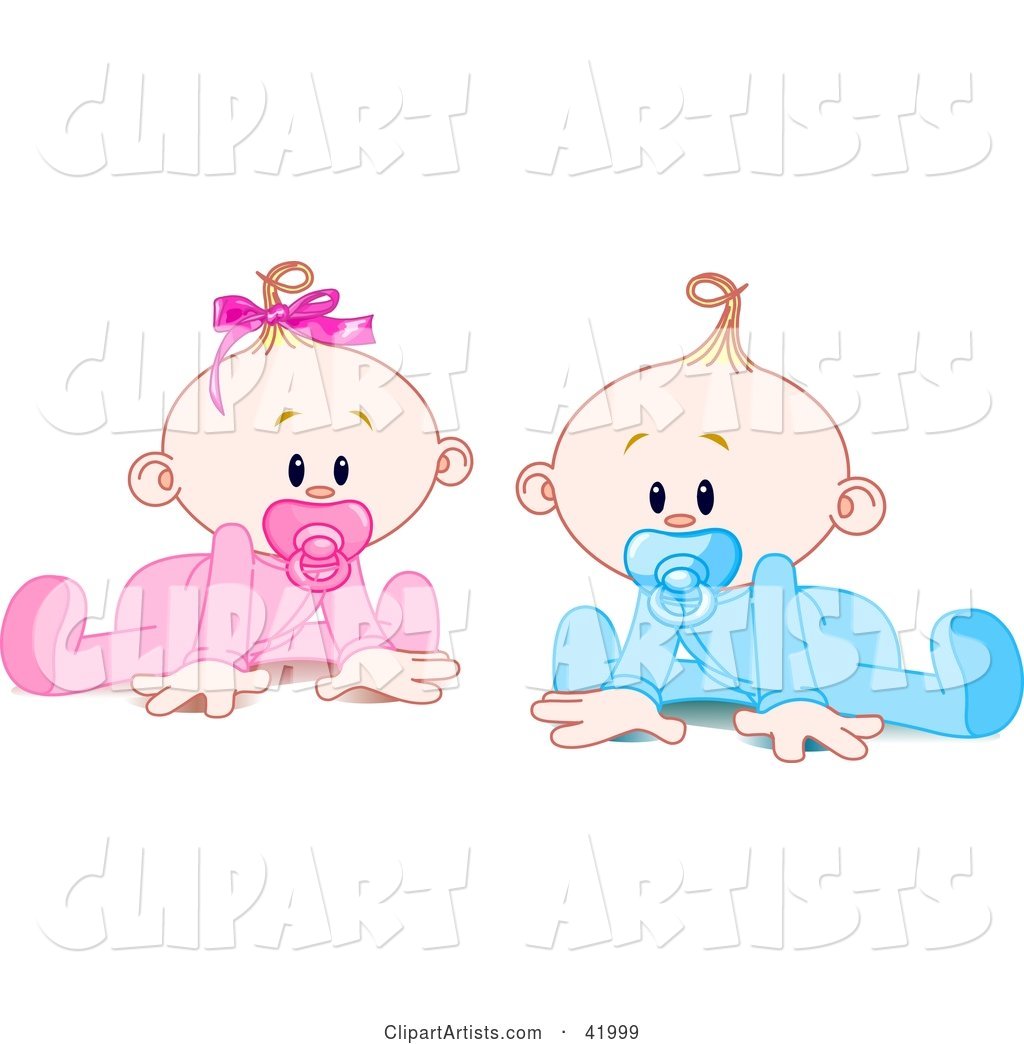 Twin Baby Boy and Girl with Pacifiers, Trying to Crawl
