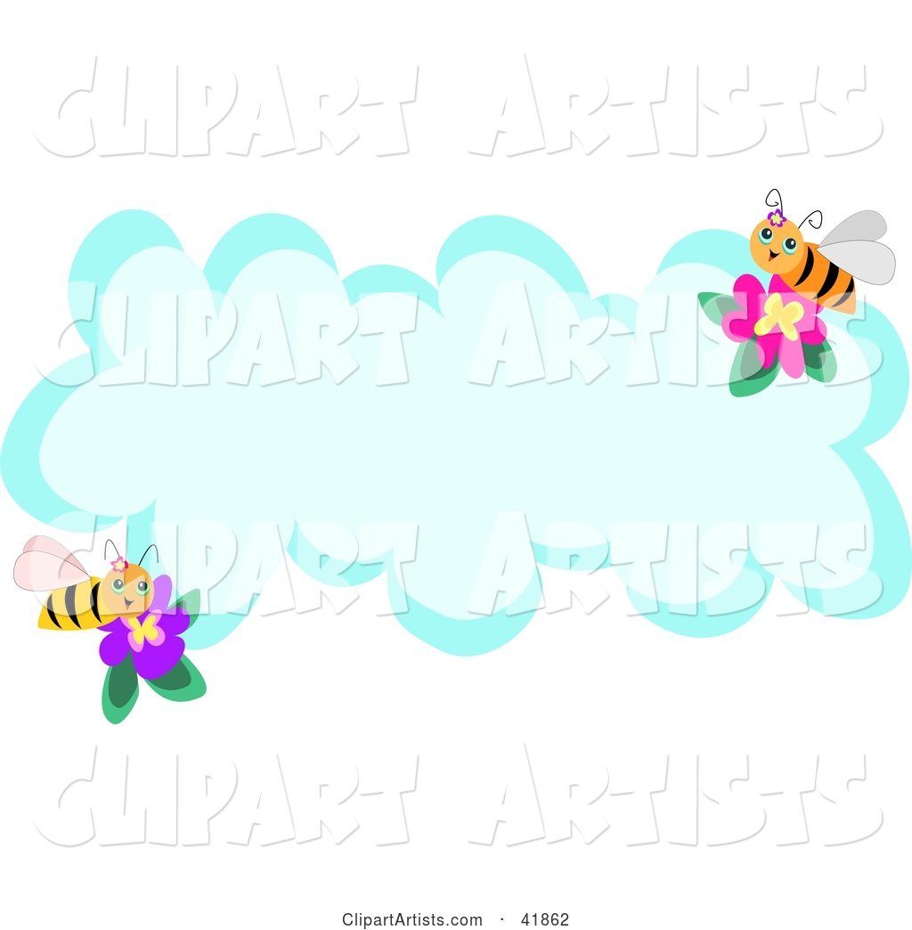 Two Bees with Flowers on a Blank Cloud with Text Space