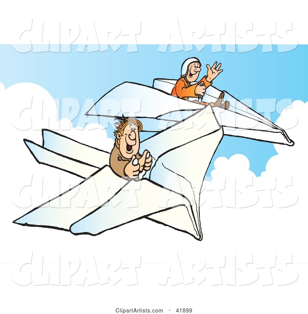 Two Happy Pilots Flying Paper Planes in the Sky