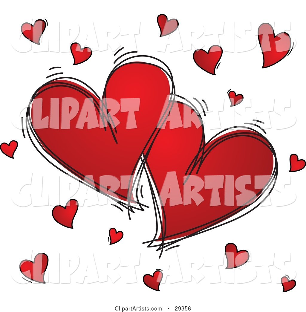 Two Large Red Hearts Outlined in Black Sketches, Surrounded by Little Hearts, on a White Background