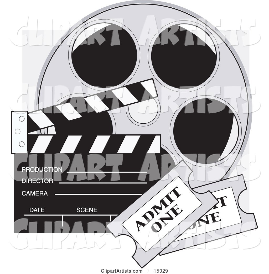 Two Movie Tickets in Front of a Take Clapperboard and a Reel of Movie Film