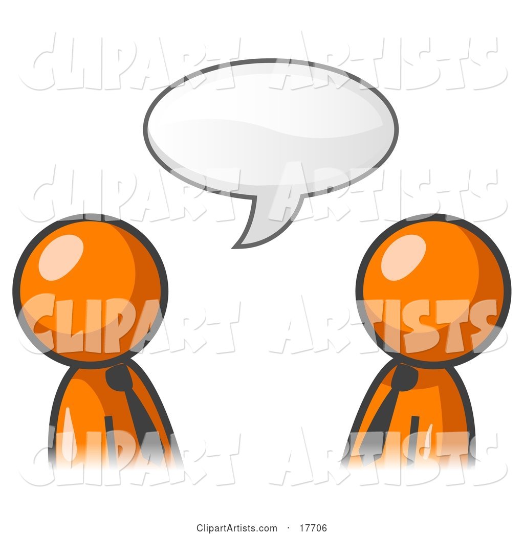 Two Orange Businessmen Having a Conversation with a Text Bubble