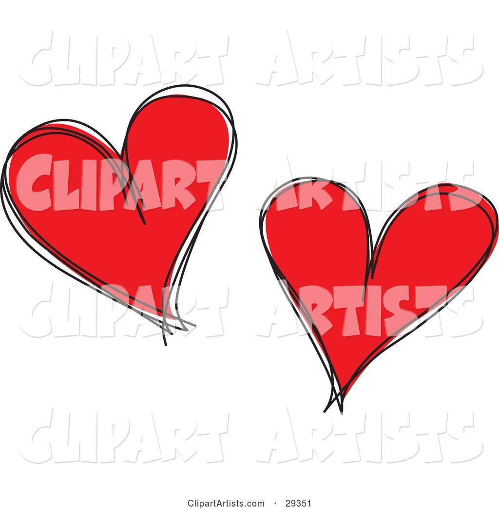 Two Red Hearts with Black Sketched Outlines, on a White Background
