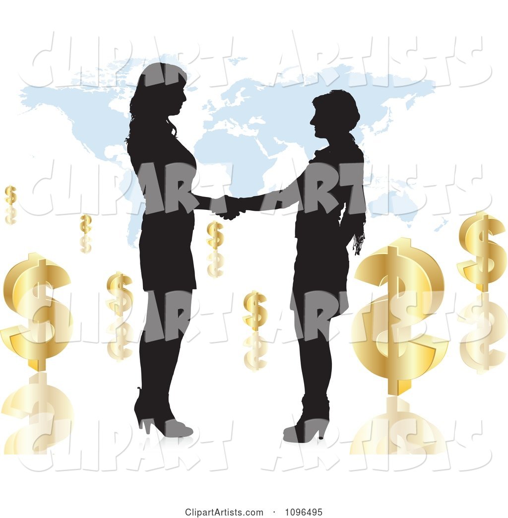 Two Silhouetted Business Women Shaking Hands over a Map with Dollar Symbols