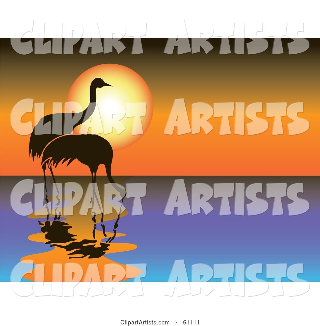 Two Silhouetted Cranes Wading in Water Against an Orange Sunset