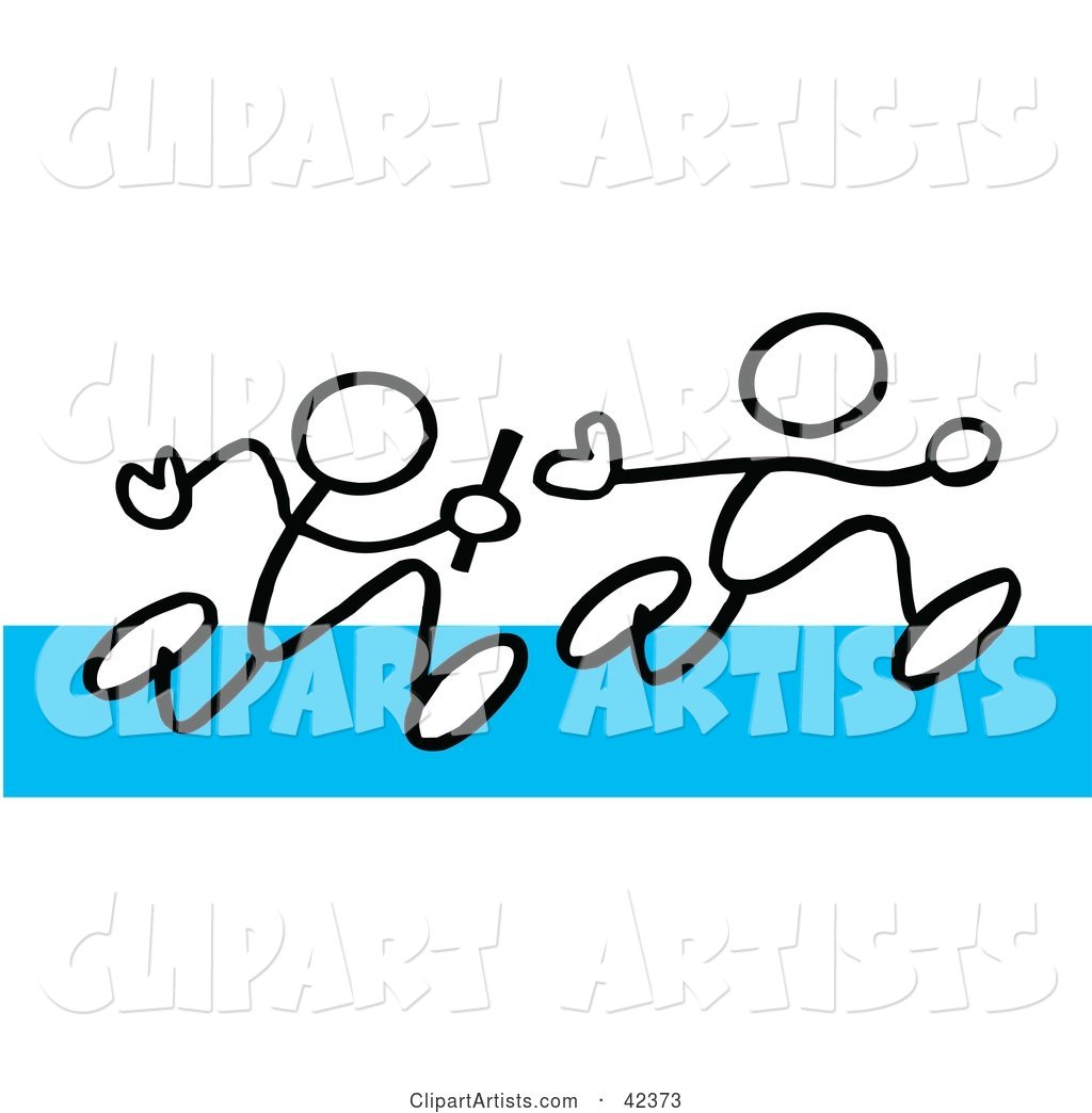 Two Stick Figures Passing a Baton During a Relay on a Blue Track