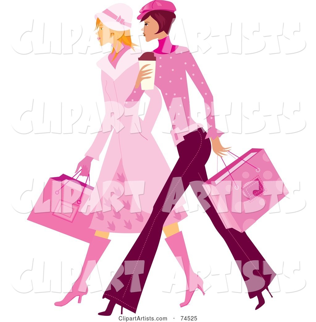 Two Stylish Ladies in Pink, Walking and Carrying Shopping Bags