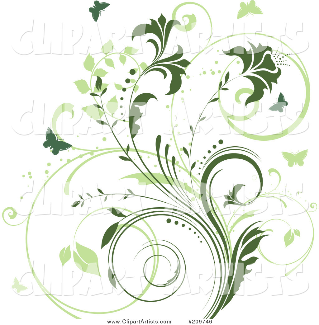 Two Toned Green Vine and Butterfly Background on White