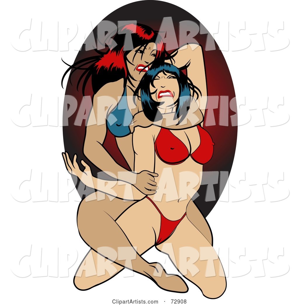 Two Wrestling Pinup Women in Bikinis over a Red Oval