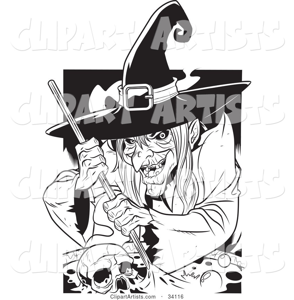 Ugly Warty Witch Grinning While Stirring a Skull and Potion in a Spell Cauldron
